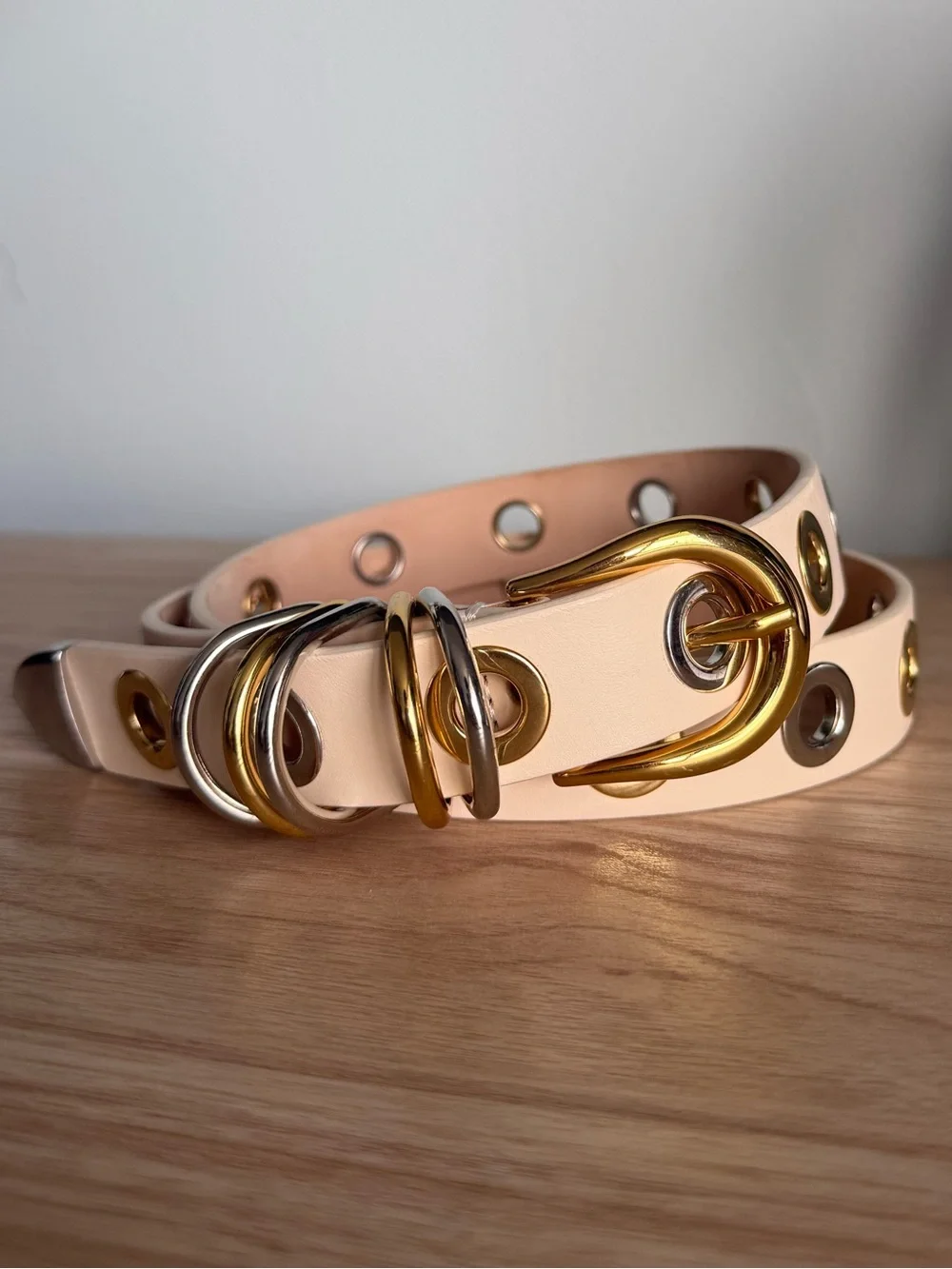 Women's Cream Grommet Belt with Mixed Metal Hardware